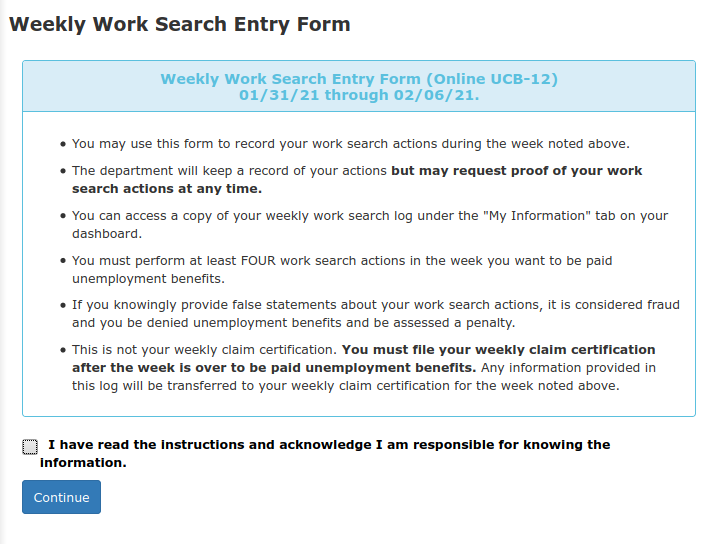 Weekly work search entry form