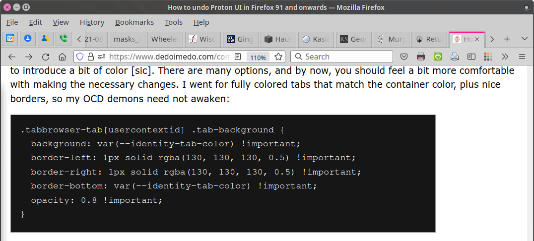 FireFox 91 with square, offset, colorized tabs
