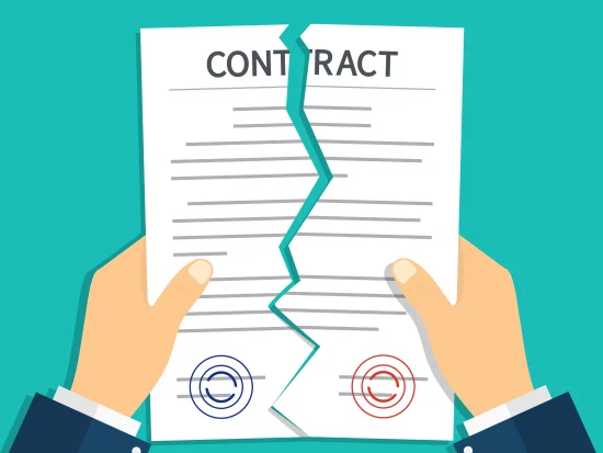 Contract breach and break. Terminate of contract. Rip of paper document. Cancel and torn of agreement for law. Termination deal in business. Failure in partnership. Icon of disagree in work. Vector