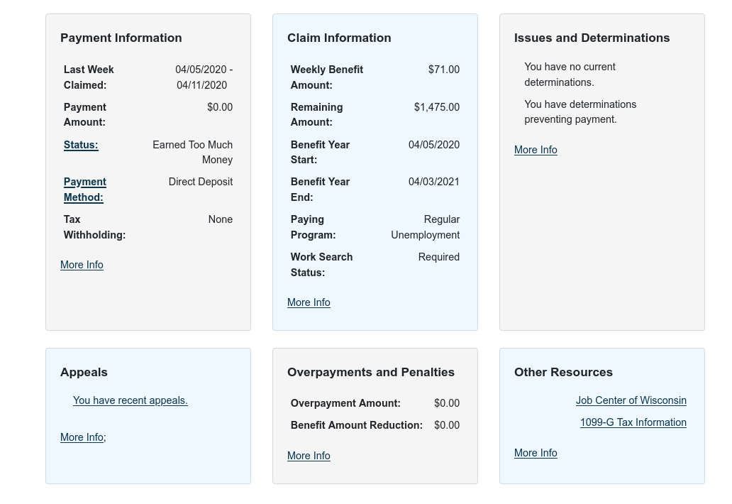 Sue's unemployment summary page