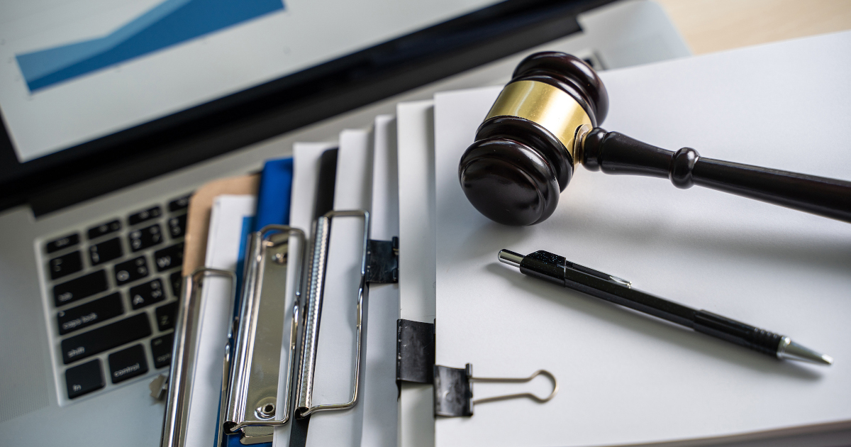 Stock Photo of Gavel, Court Papers, and Computer