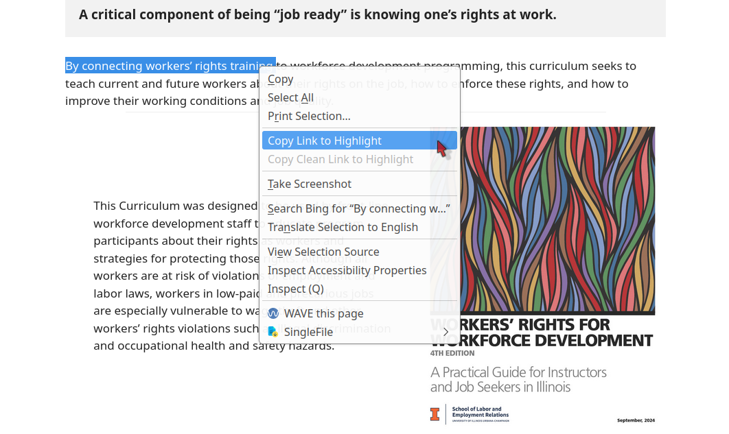 webpage with right-click Copy text to Highlight command available for linking to a text fragment within that web page