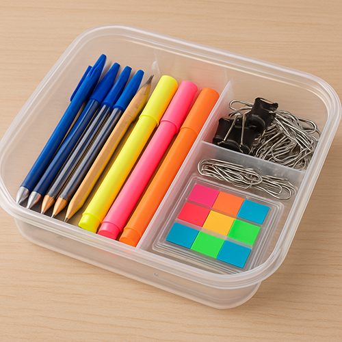 a plastic container with pens, highlighters, clips, and sticky notes neatly organized