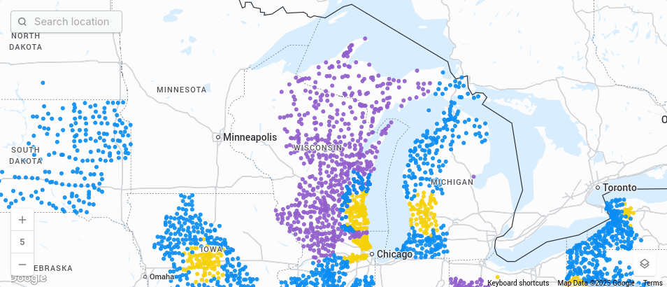 Map of post office locations with yellow and blue being locations within 50 miles of a regional processing facility