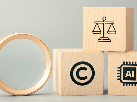 AI copyright and law concept with magnifying glass and wooden blocks