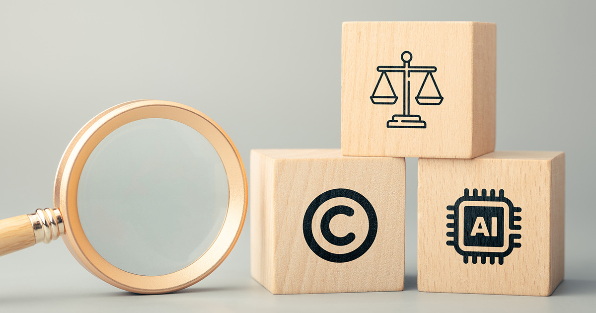 AI copyright and law concept with magnifying glass and wooden blocks