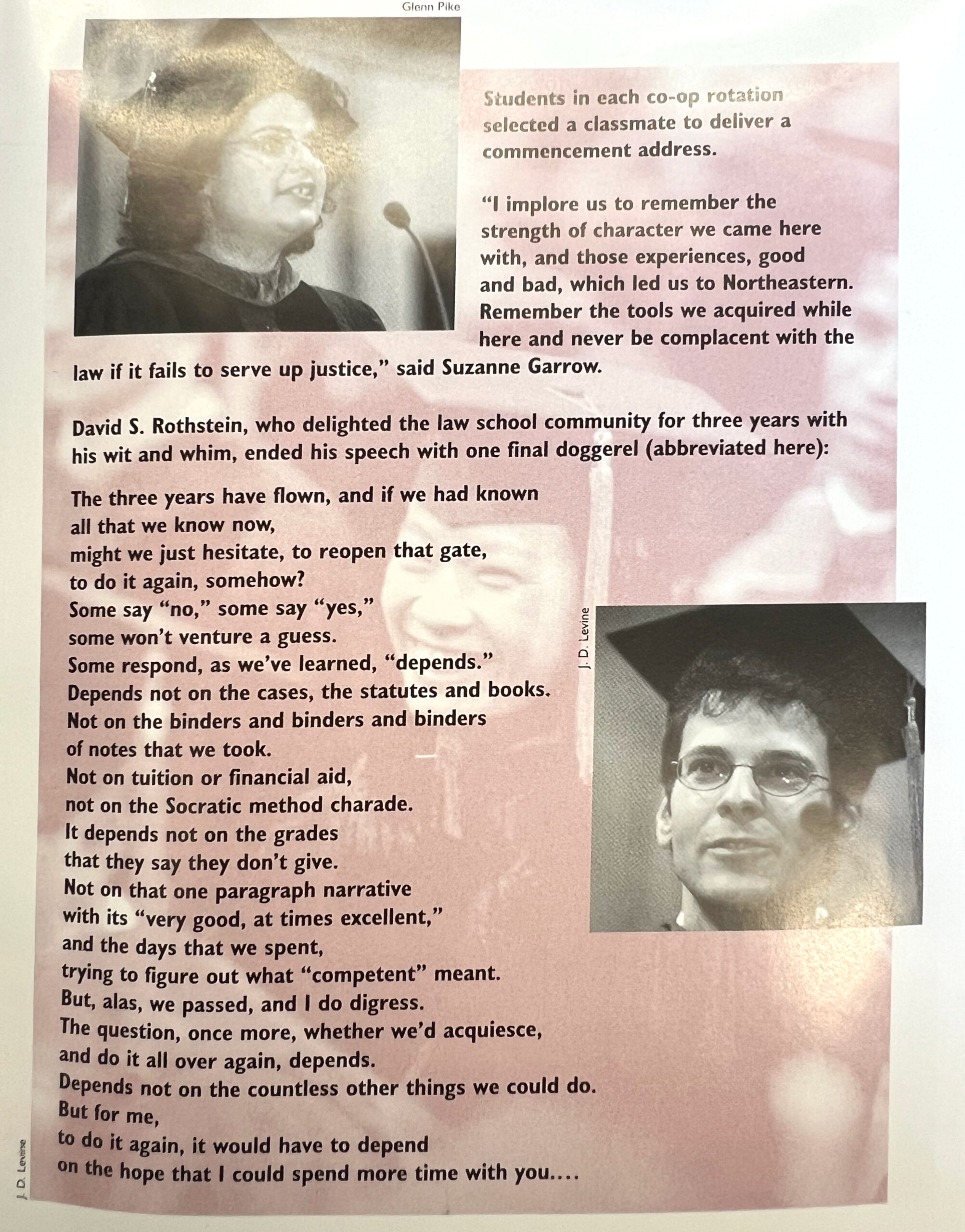 graduation pamphlet for Northeastern School of Law  class of 1997 with acknowledgement of speakers Suzanne Garrow and Dave Rothstein