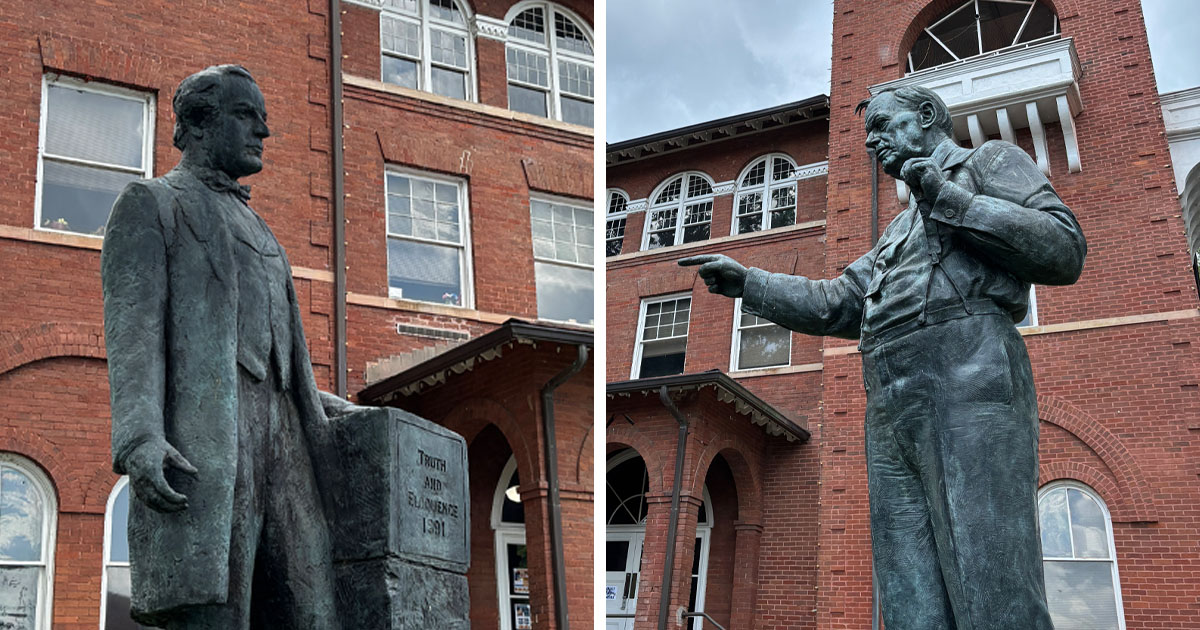 a split images of two statues in front of a red brick courthouse
